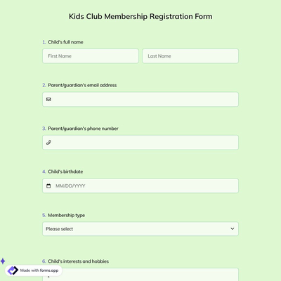 Kids Club Membership Registration Form
