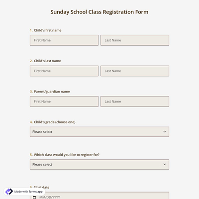 Sunday School Class Registration Form