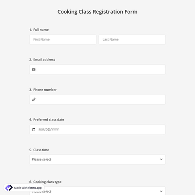 Cooking Class Registration Form