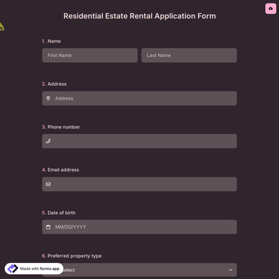 Residential Estate Rental Application Form