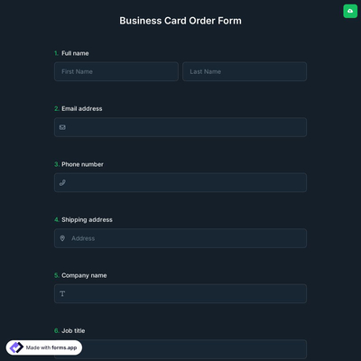 Online Business Card Order Form