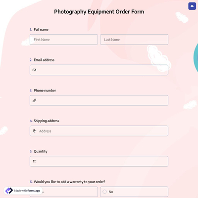 Photography Equipment Order Form