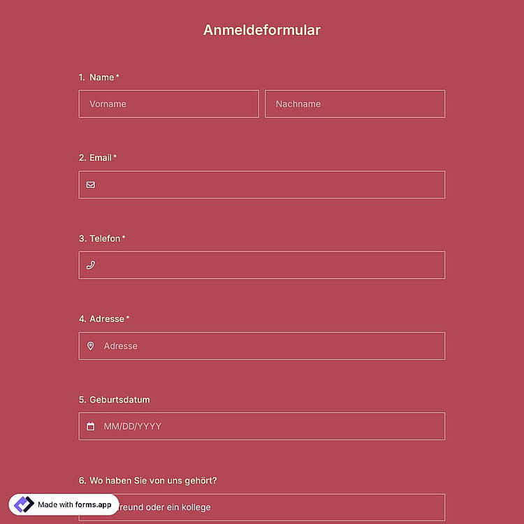 Vorlage für das Online-Registrierungsformular