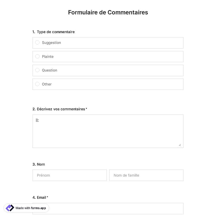 Modèle de Formulaire de Commentaires