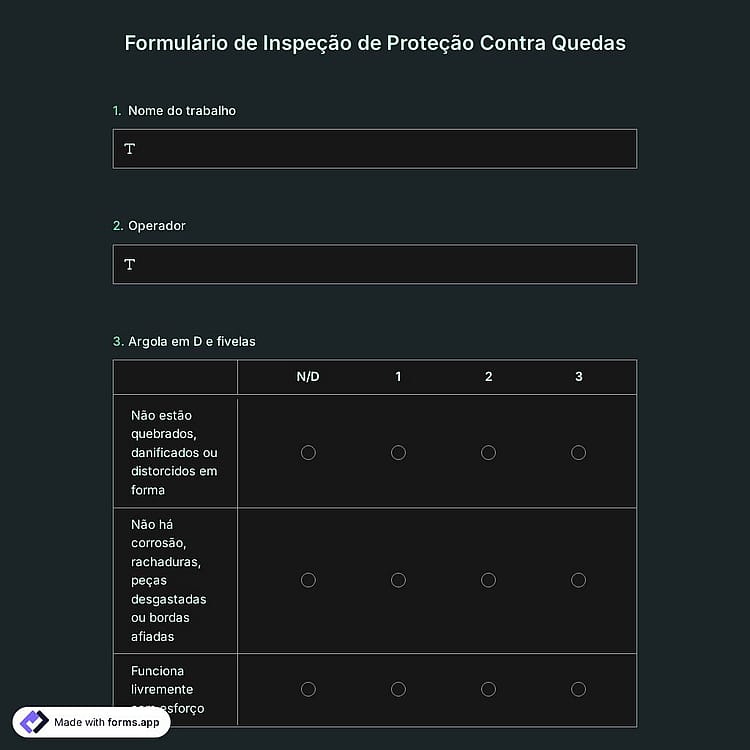 Formulário de Inspeção de Proteção Contra Quedas