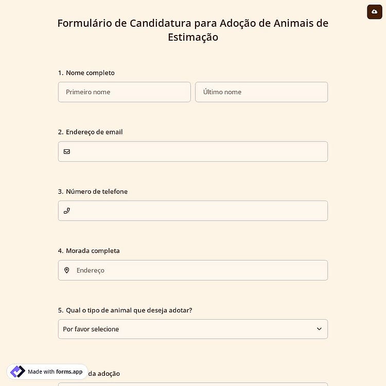 Formulário de Candidatura para Adoção de Animais de Estimação
