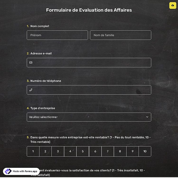 Formulaire de Evaluation des Affaires