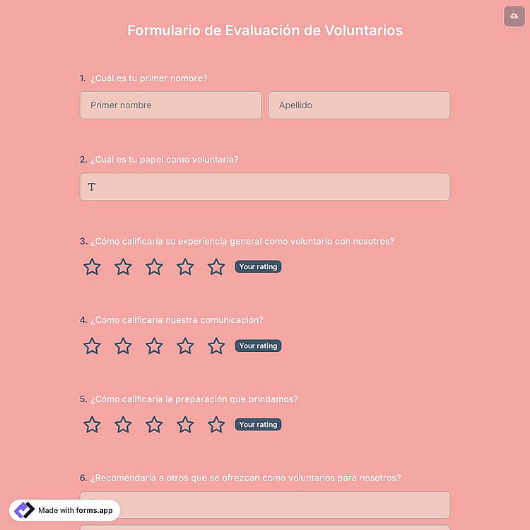 Plantilla de Formulario de Evaluación de Voluntarios