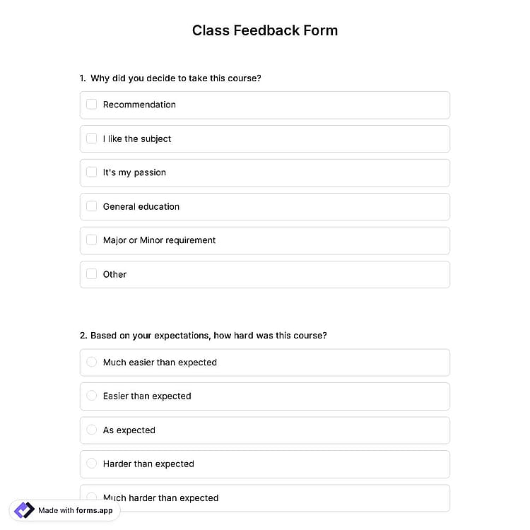 Class Feedback Form Template