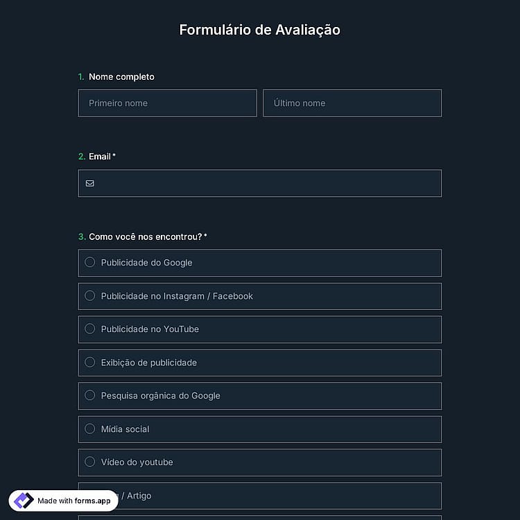 Modelo de Formulário de Avaliação