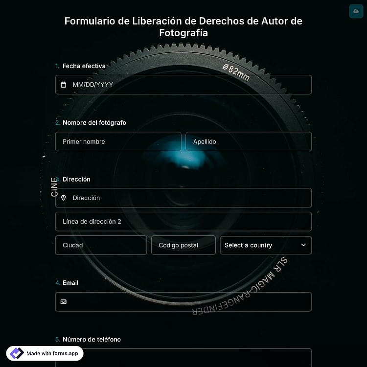 Plantilla de Formulario de Liberación de Derechos de Autor de Fotografía
