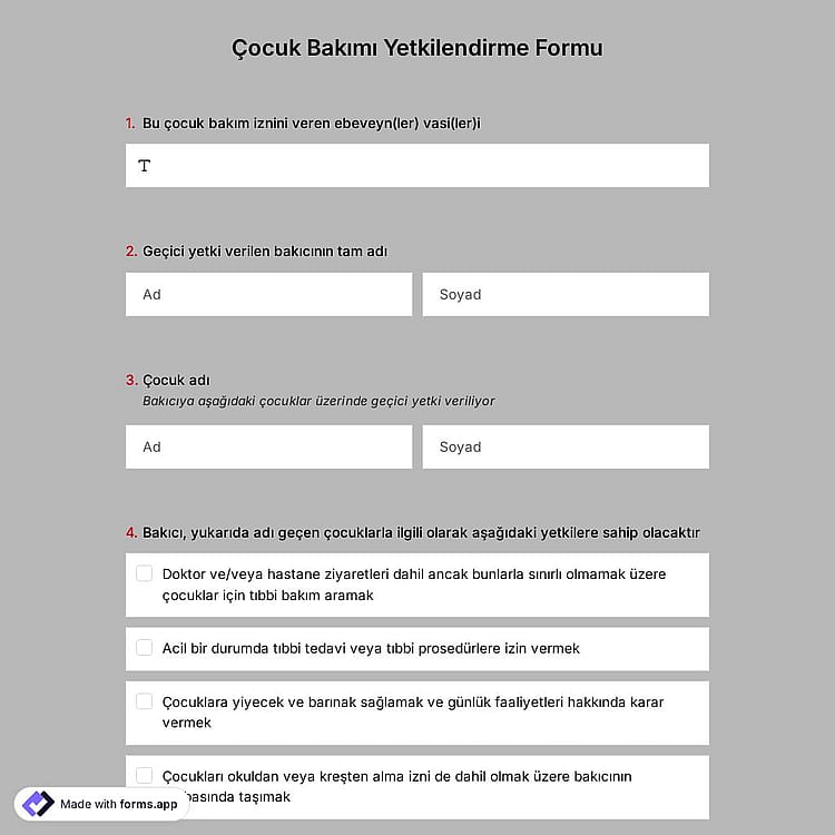 Çocuk Bakımı Yetkilendirme Formu Şablonu