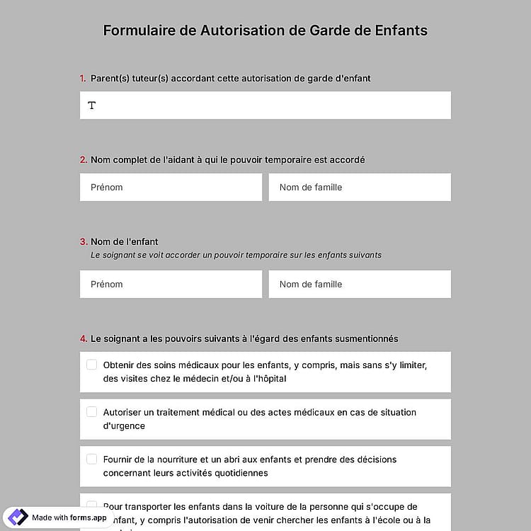 Formulaire de Autorisation de Garde de Enfants