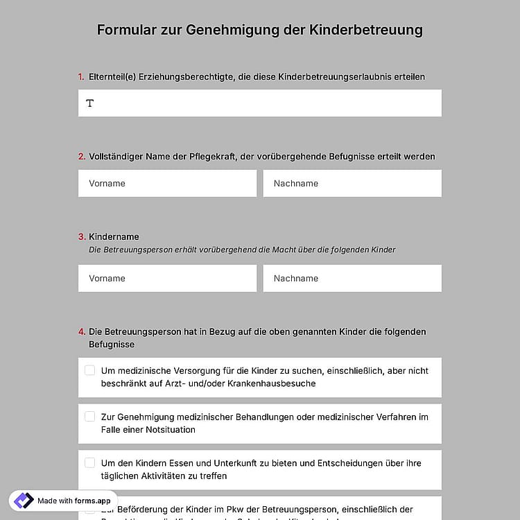 Formular zur Genehmigung der Kinderbetreuung