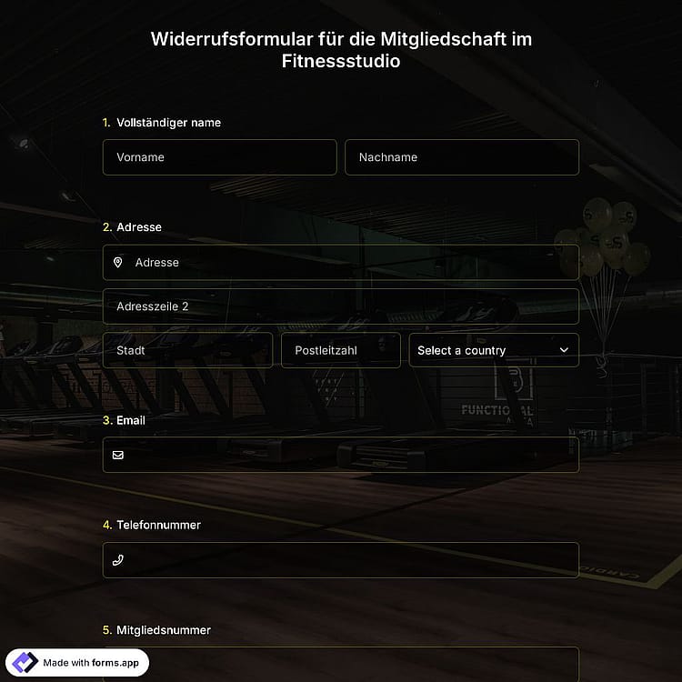 Widerrufsformular für die Mitgliedschaft im Fitnessstudio
