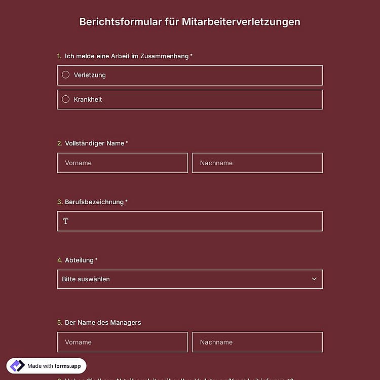Berichtsformular für Mitarbeiterverletzungen