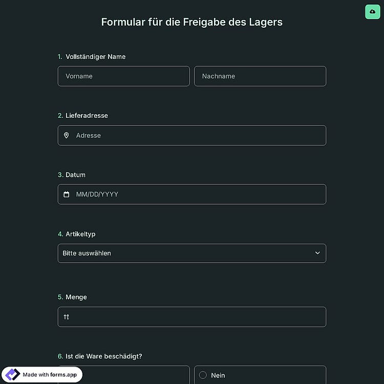 Formular für die Freigabe des Lagers