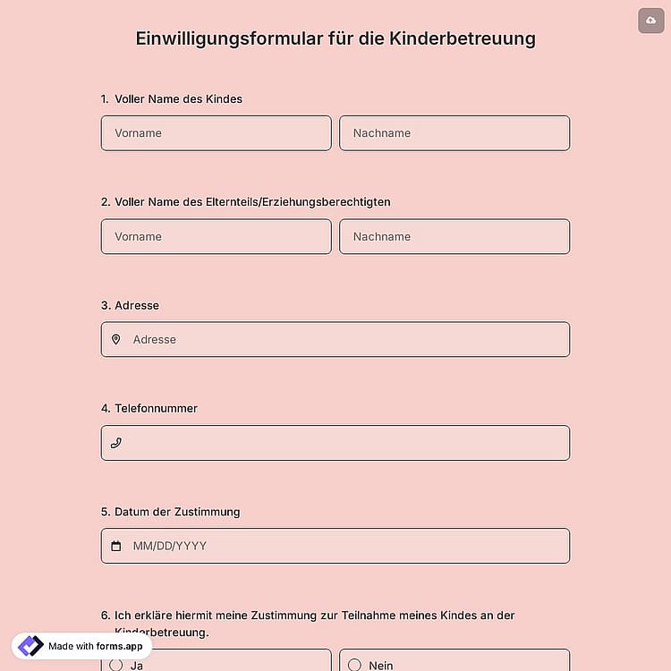 Einwilligungsformular für die Kinderbetreuung