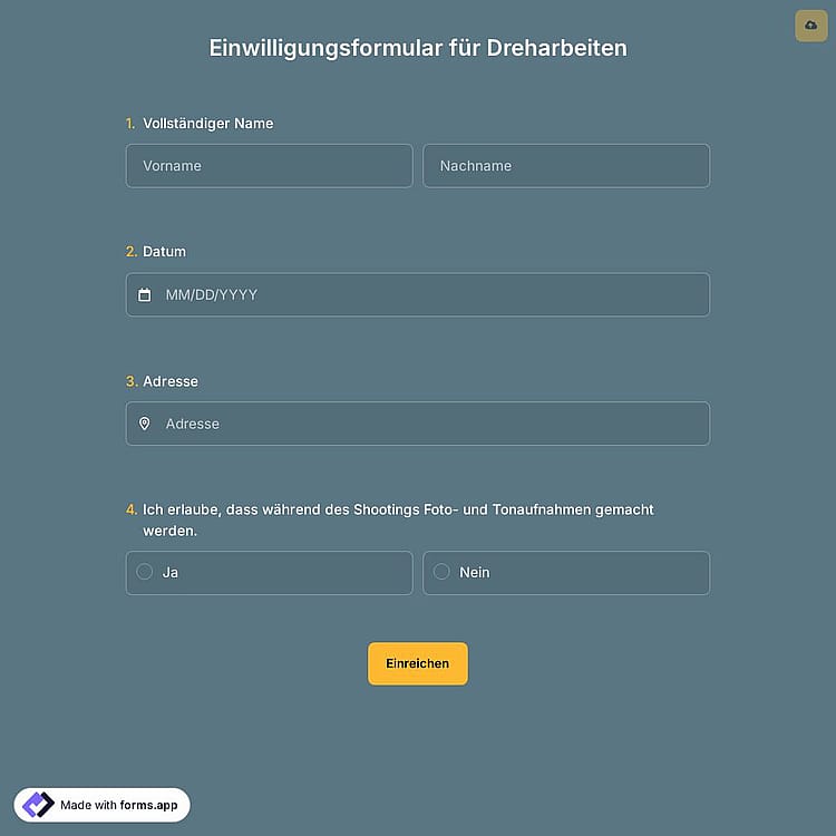 Einwilligungsformular für Dreharbeiten