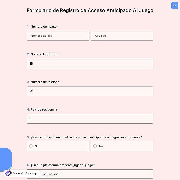 Formulario de Registro de Acceso Anticipado Al Juego