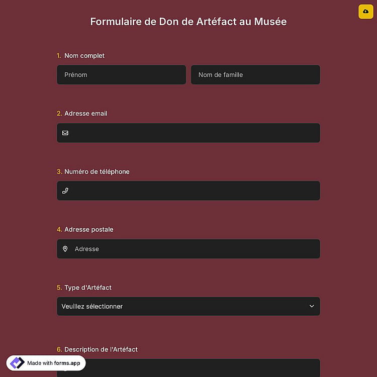 Formulaire de Don de Artéfact au Musée