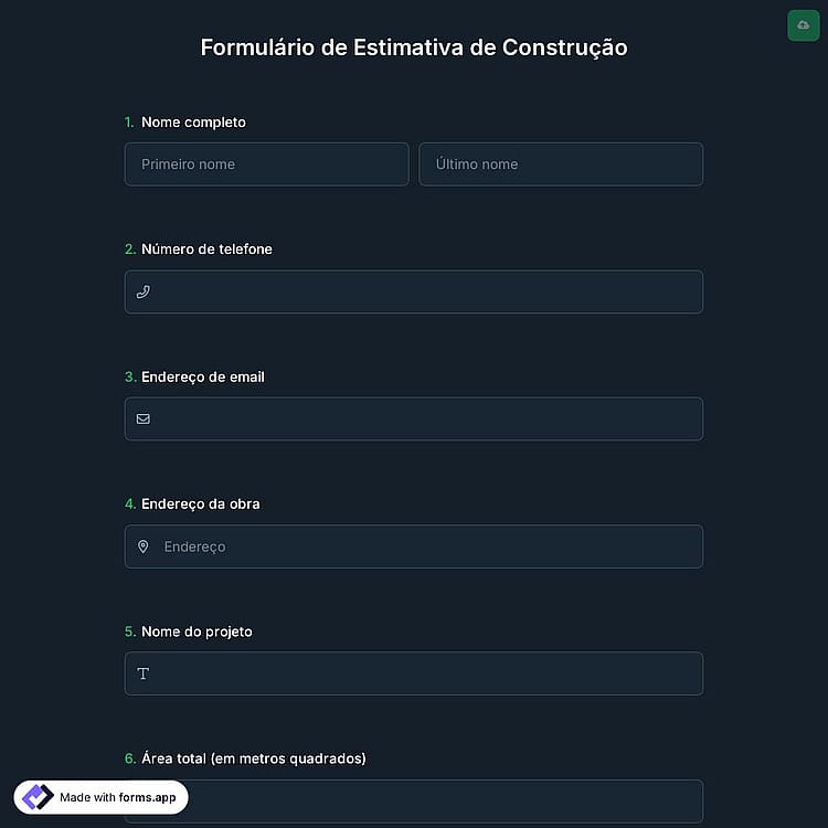 Formulário de Estimativa de Construção