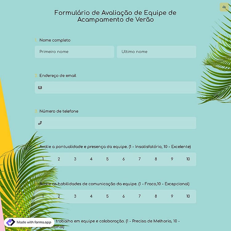 Formulário de Avaliação de Equipe de Acampamento de Verão