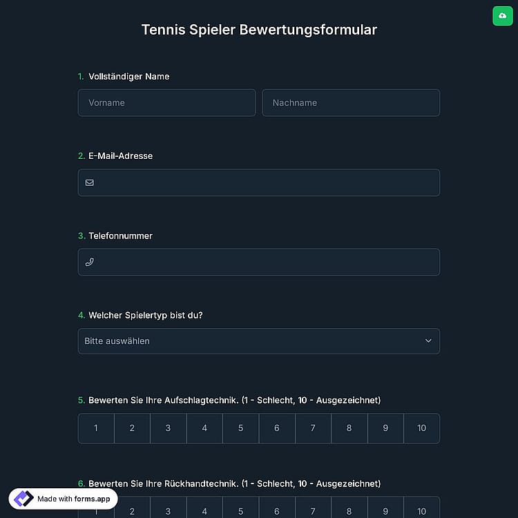 Tennis Spieler Bewertungsformular