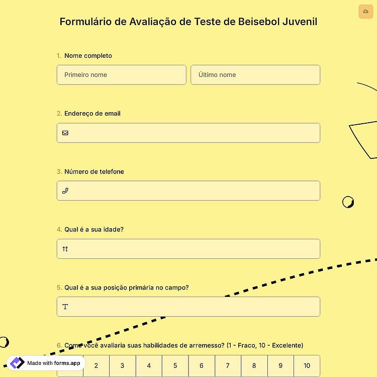 Formulário de Avaliação de Teste de Beisebol Juvenil