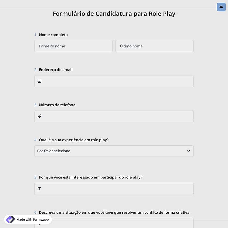 Formulário de Candidatura para Role Play