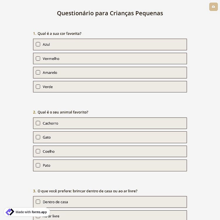 Questionário para Crianças Pequenas