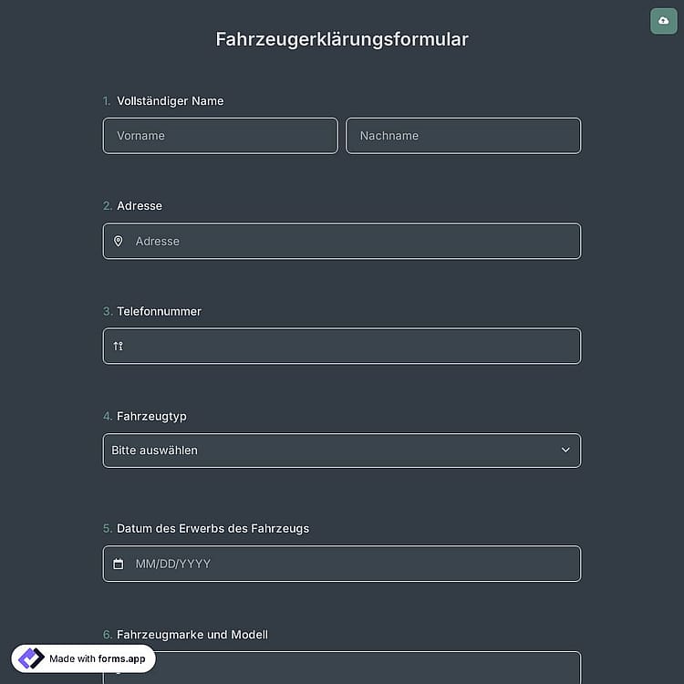 Fahrzeugerklärungsformular