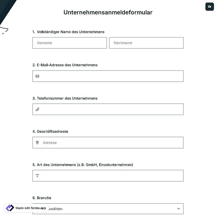 Unternehmensanmeldeformular