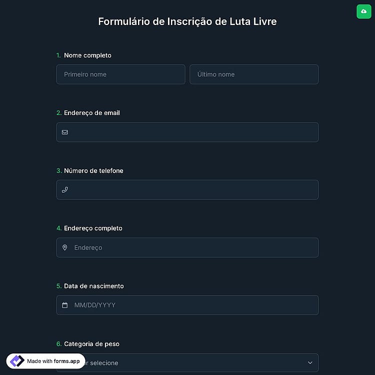 Formulário de Inscrição de Luta Livre