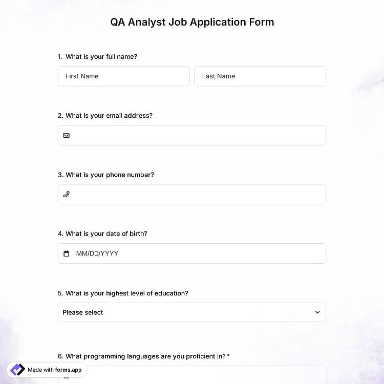 QA Analyst Job Application Form