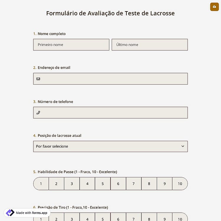 Formulário de Avaliação de Teste de Lacrosse