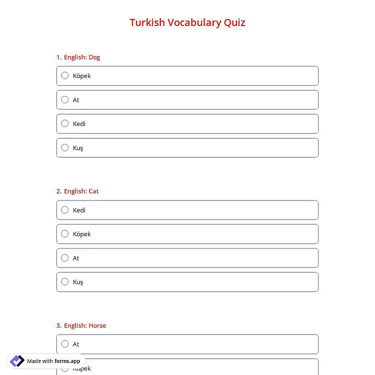 Turkish Vocabulary Quiz
