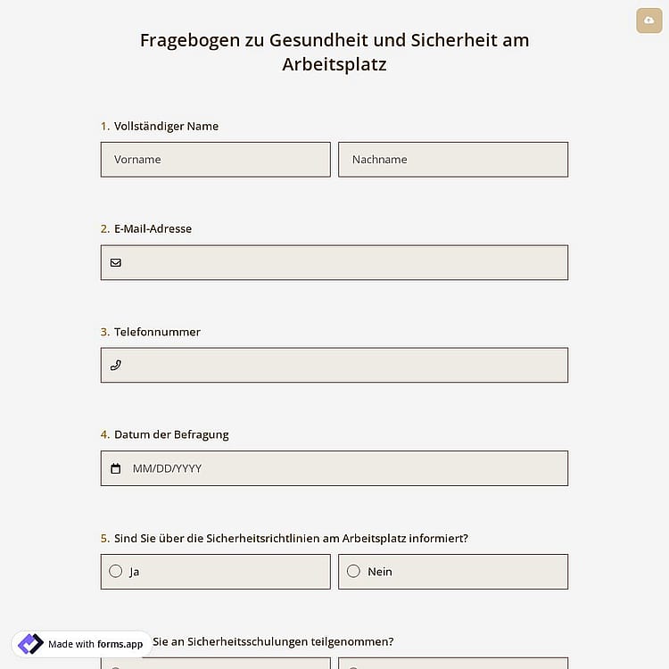 Fragebogen zu Gesundheit und Sicherheit am Arbeitsplatz