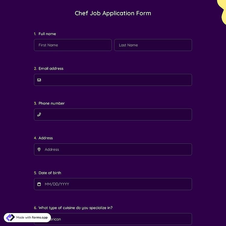 Chef Job Application Form