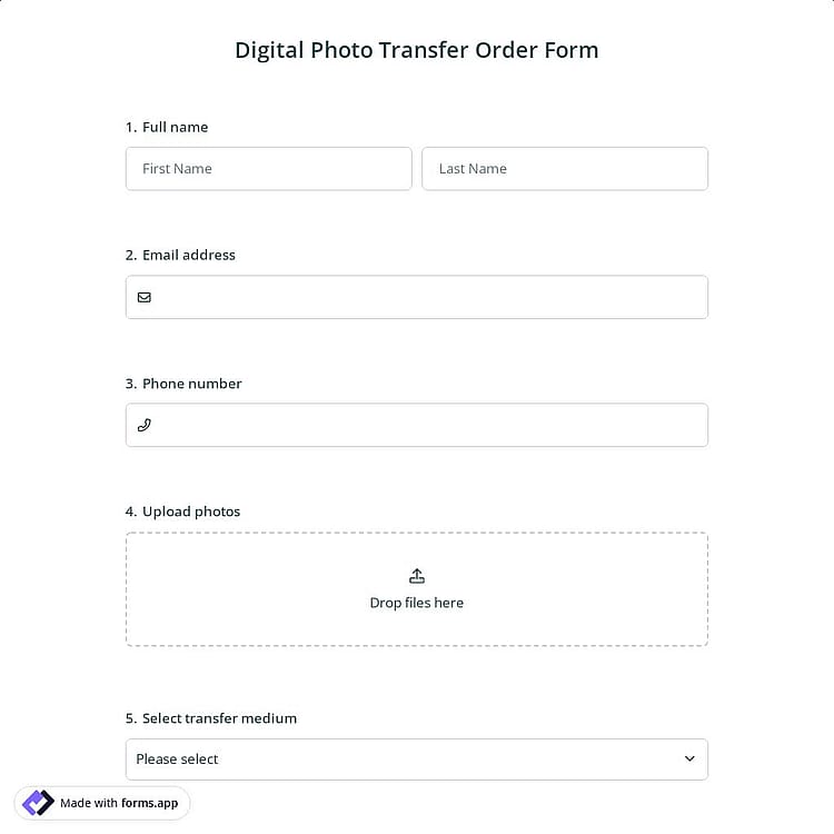 Digital Photo Transfer Order Form