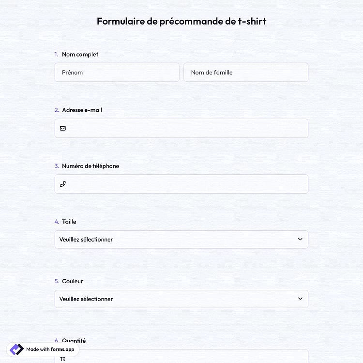 Formulaire de précommande de T-shirt