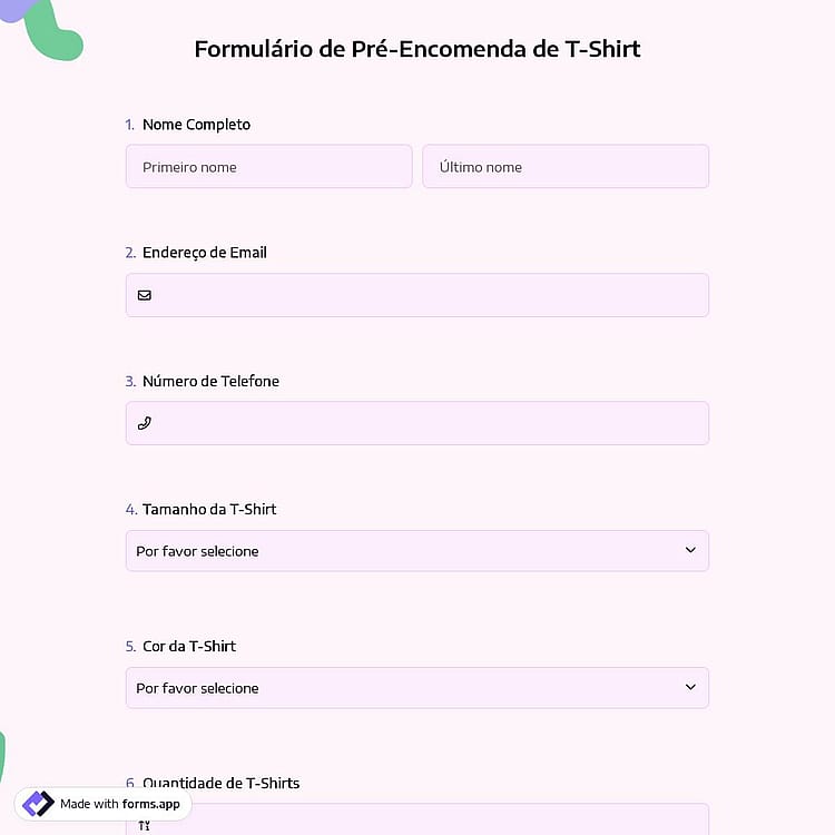 Formulário de Pré-Encomenda de T-Shirt