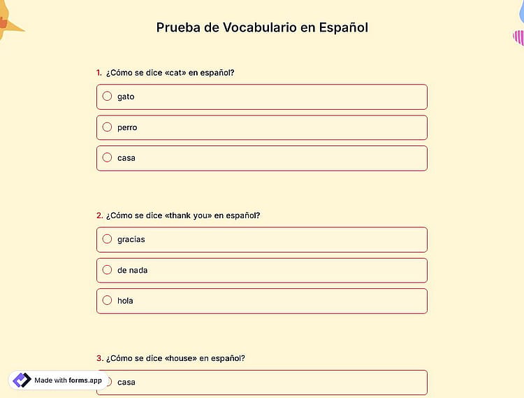 Cuestionario de Vocabulario en Español