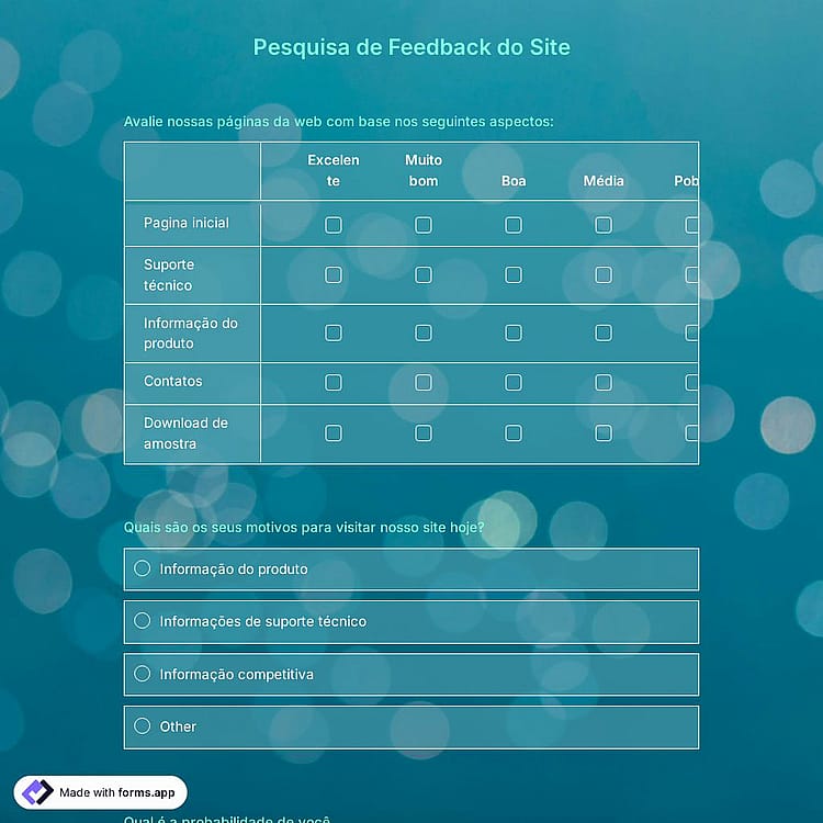 Modelo de Pesquisa de Feedback de Site