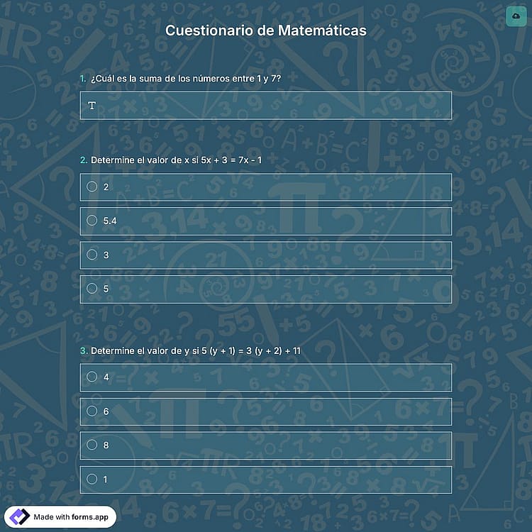 Plantilla de Cuestionario de Matemáticas