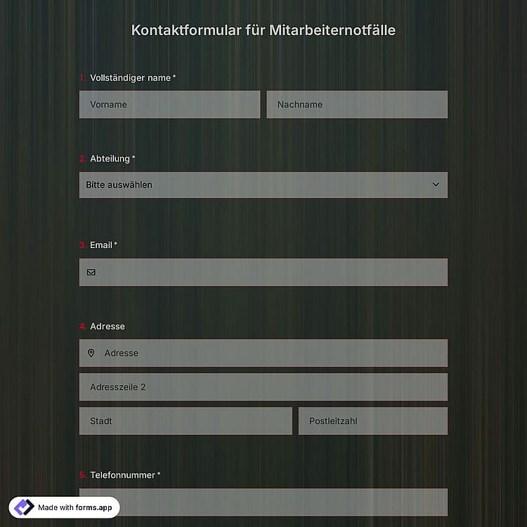 Formularvorlage für Notfallkontakte von Mitarbeitern