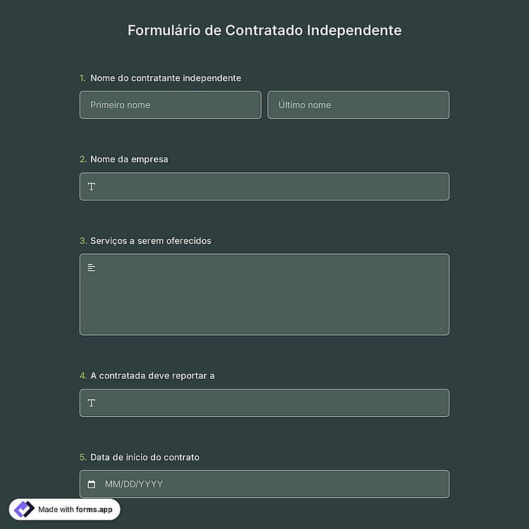 Modelo de formulário para prestador de serviços independente