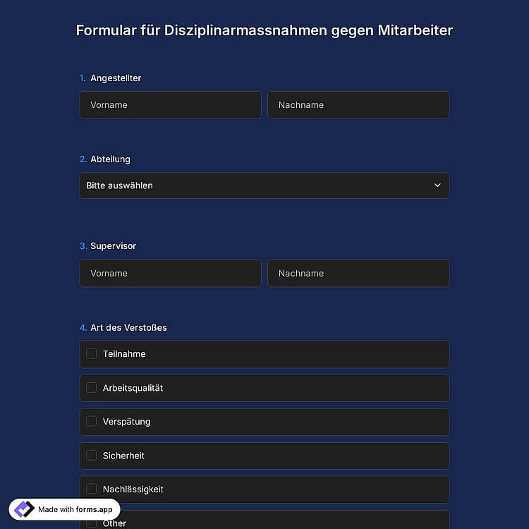 Formular für Disziplinarmassnahmen gegen Mitarbeiter