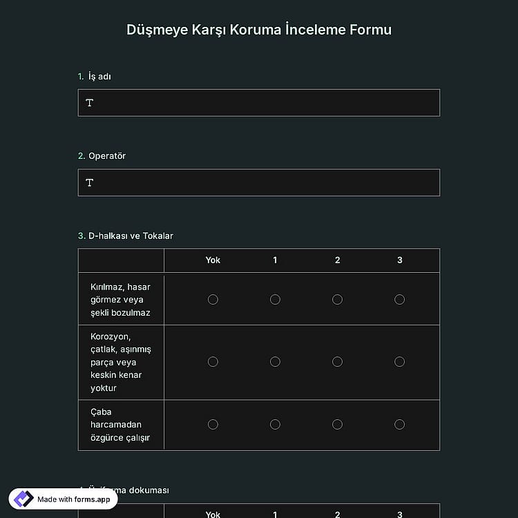 Düşmeye Karşı Koruma İnceleme Formu Şablonu