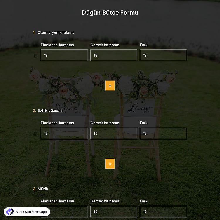 Düğün Bütçe Formu Şablonu
